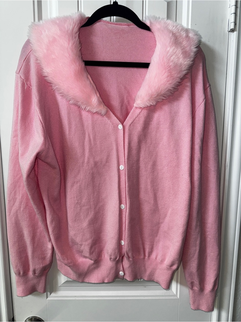 Pink‎ Faux-Fur Collar Cardigan Sweater barbiecore clueless